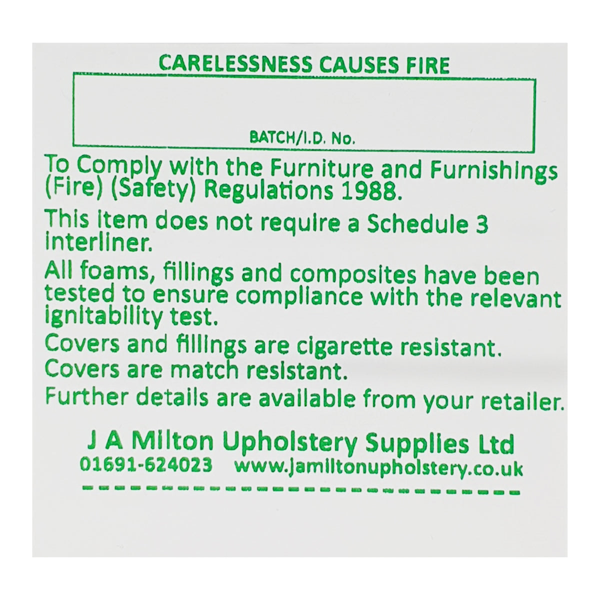 Carelessness Causes Fire - Sew In label. – No Schedule 3 Interliner | Upholstery Warehouse