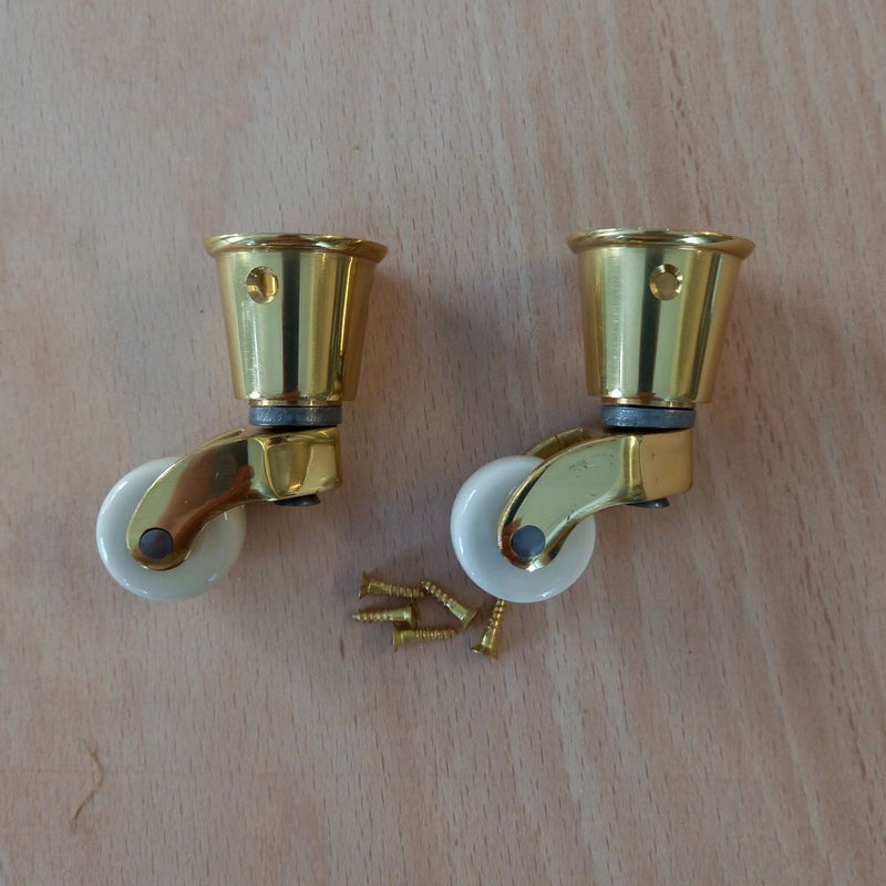 Brass Cup Castors with White China Wheel 25mm (Pair)