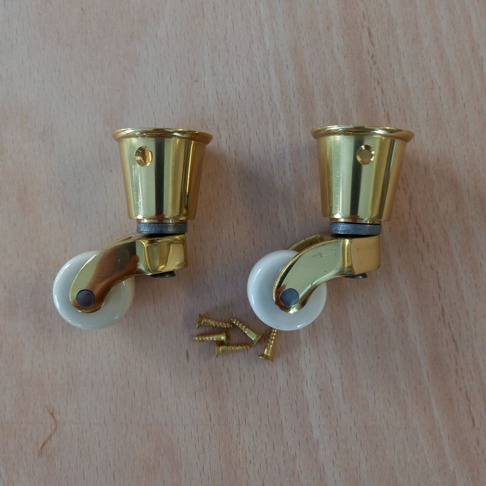 Brass Cup Castors with White China Wheel 25mm (Pair)